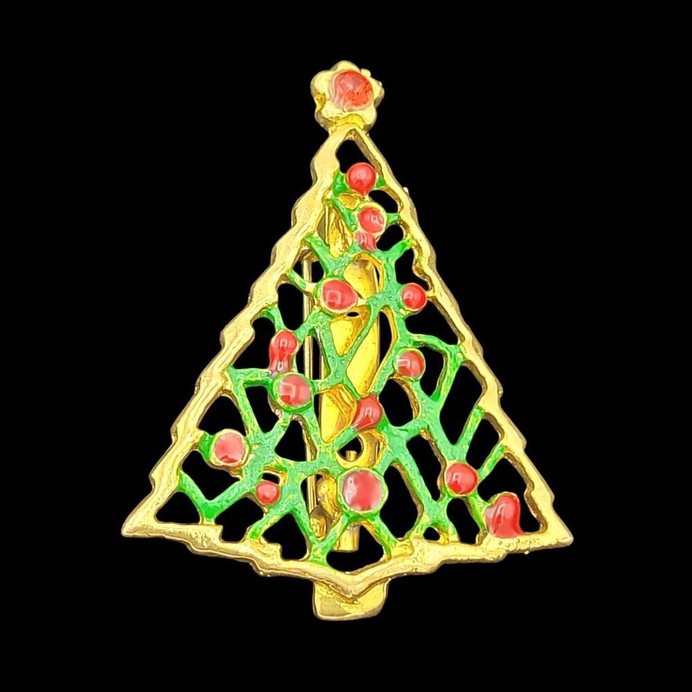 Vintage Gold-Tone Enamel Open-work Christmas Tree Brooch Red & Green Accents